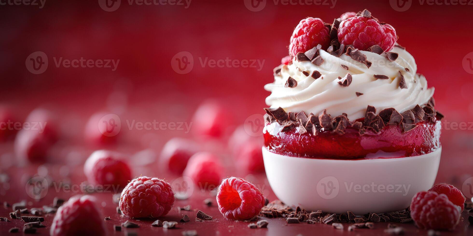 Rich raspberry dessert with whipped cream and chocolate on a red backdrop photo