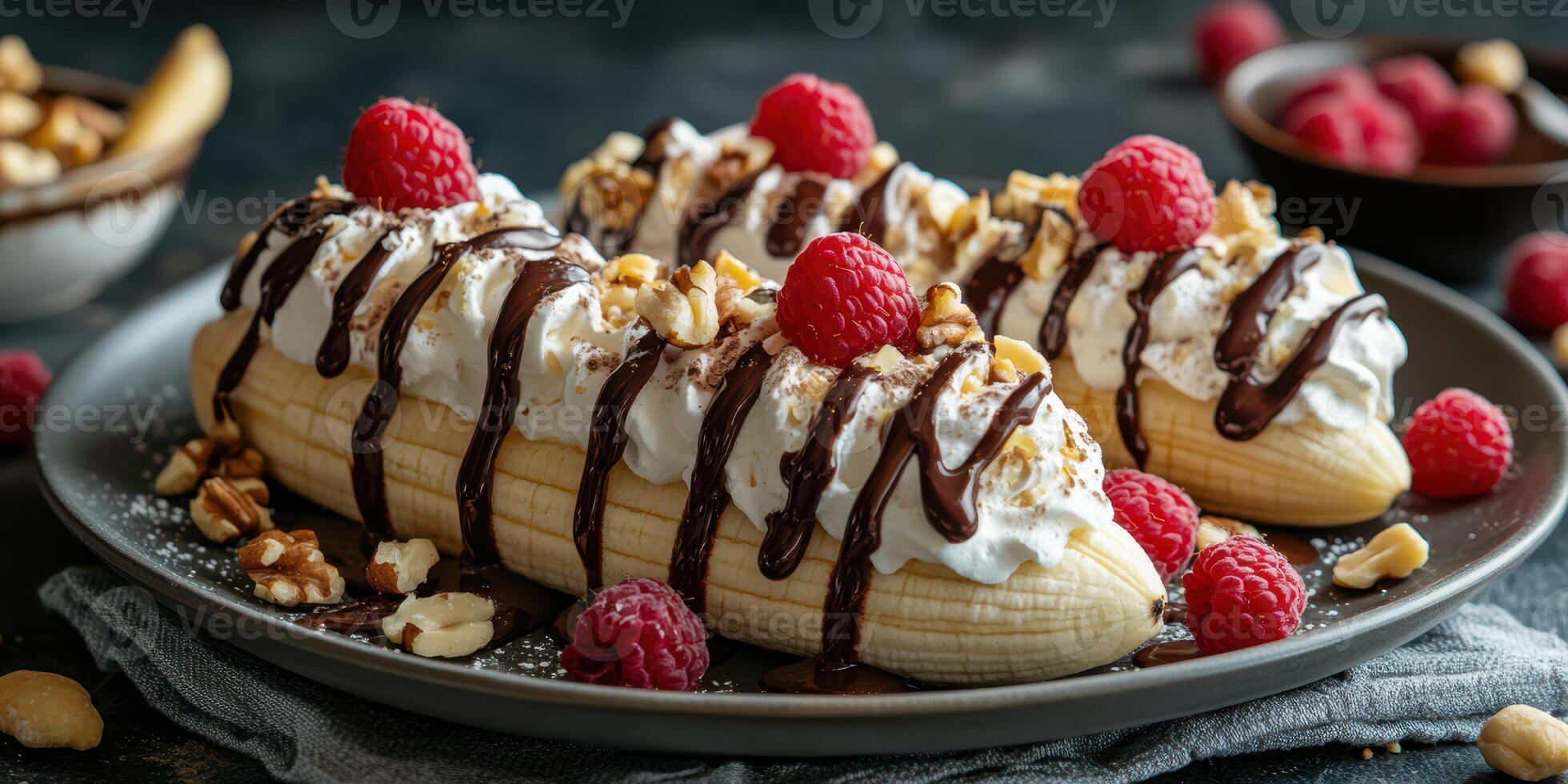 Delicious dessert featuring bananas topped with cream, raspberries, chocolate, and nuts on a dark table photo