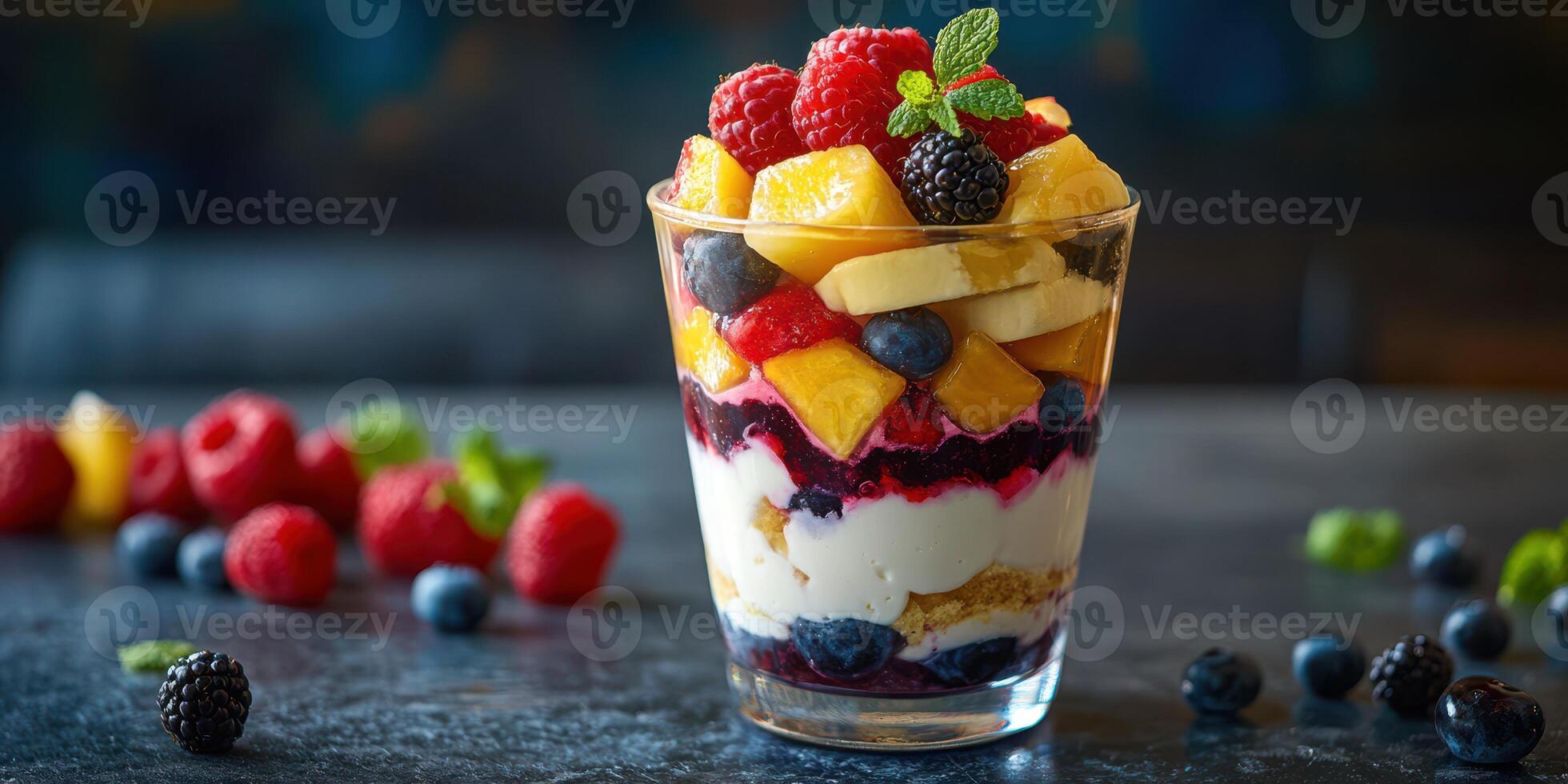 Delicious fruit parfait with layers of yogurt, granola, and assorted berries presented beautifully photo
