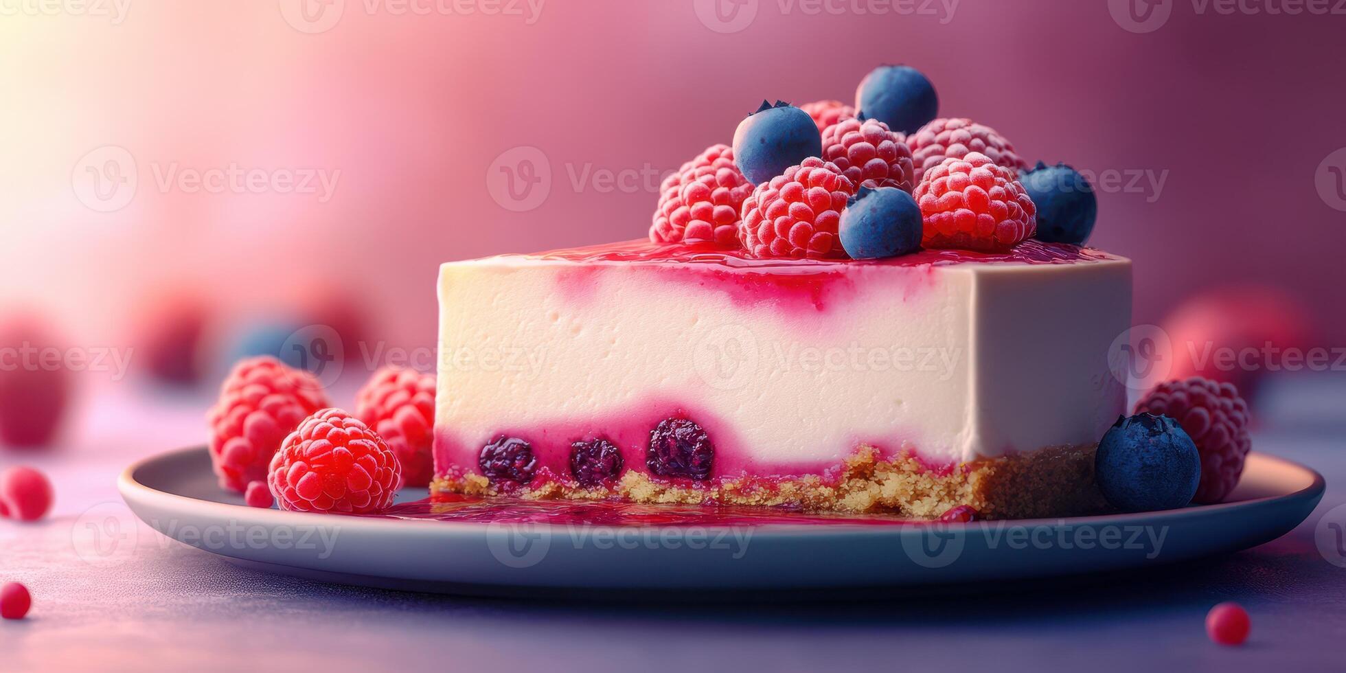 Delicious cheesecake topped with fresh raspberries and blueberries displayed on a soft pastel background photo