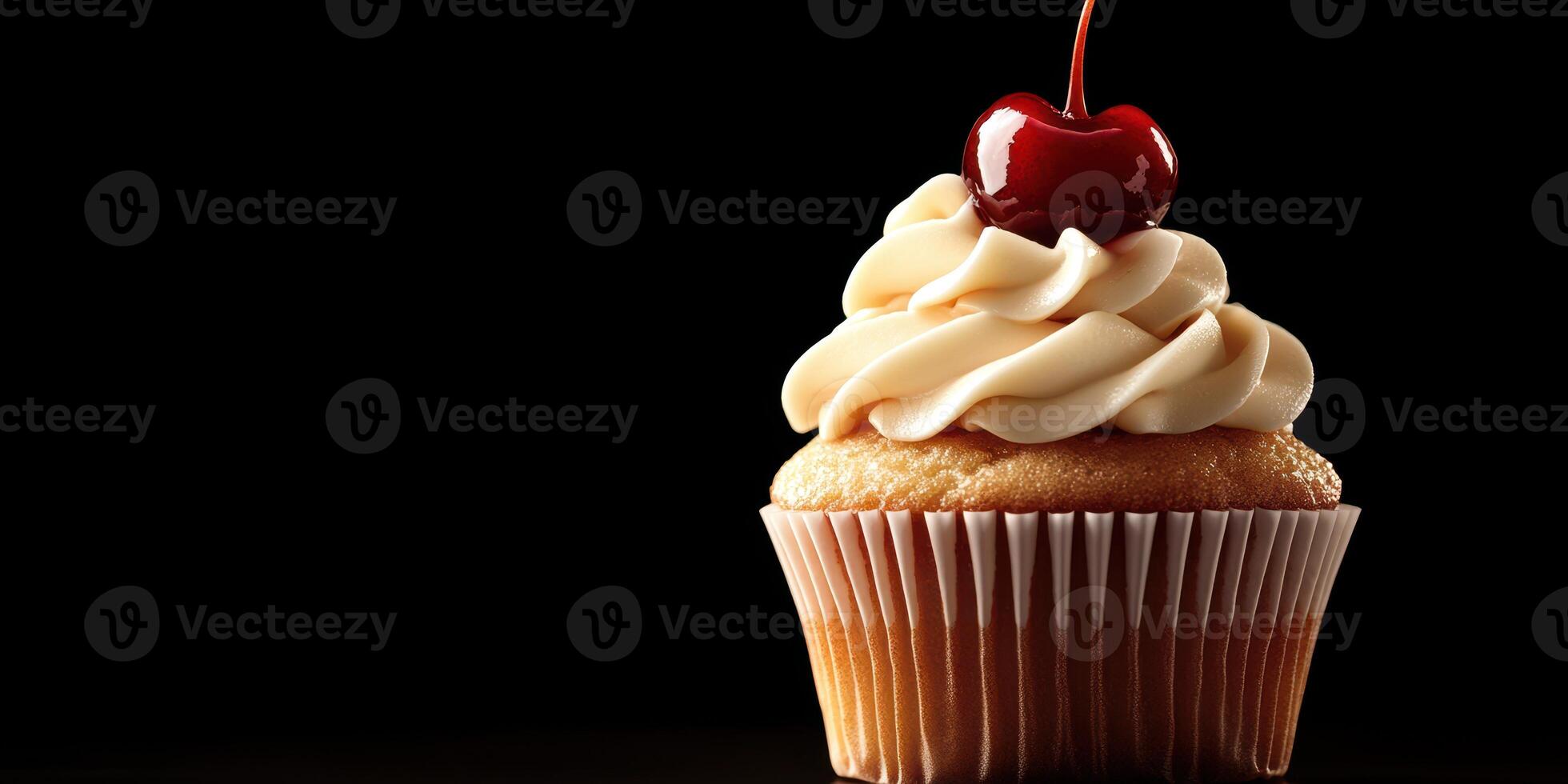 Delicious vanilla cupcake topped with creamy frosting and a cherry on a dark background photo