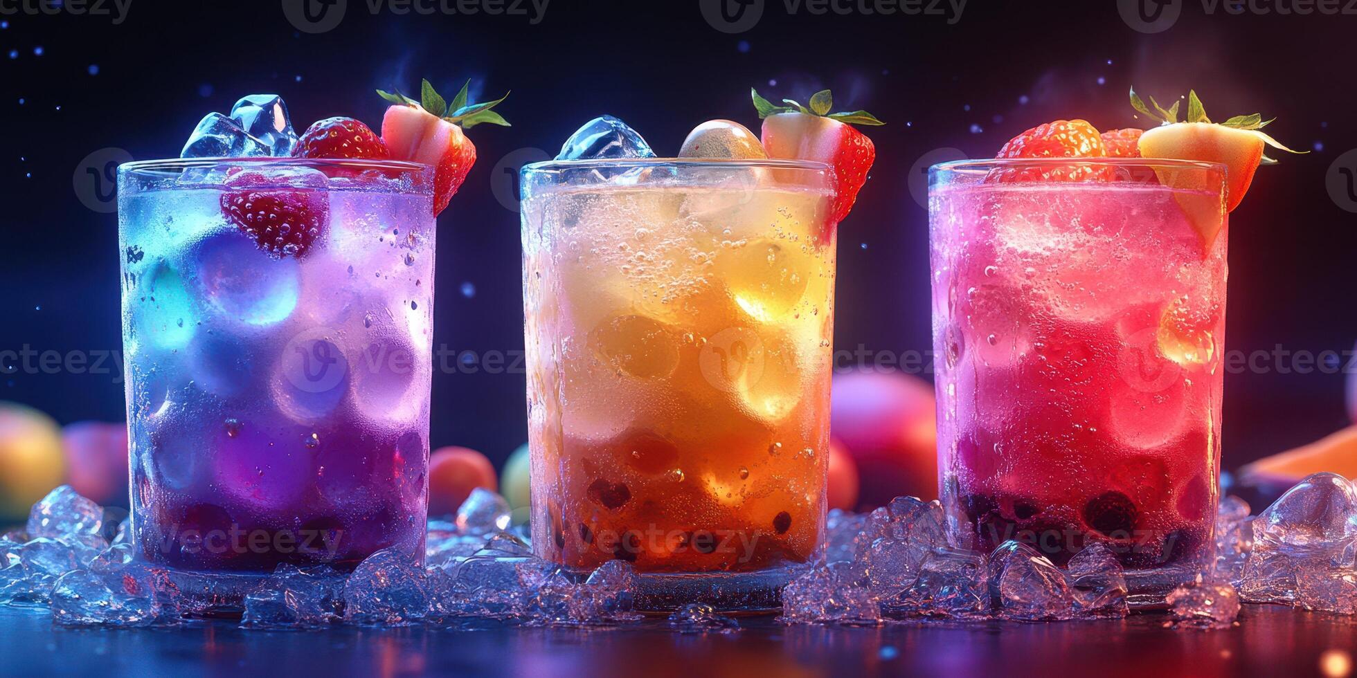Refreshing summer drinks with vibrant colors and fresh fruit served over ice at a tropical gathering photo