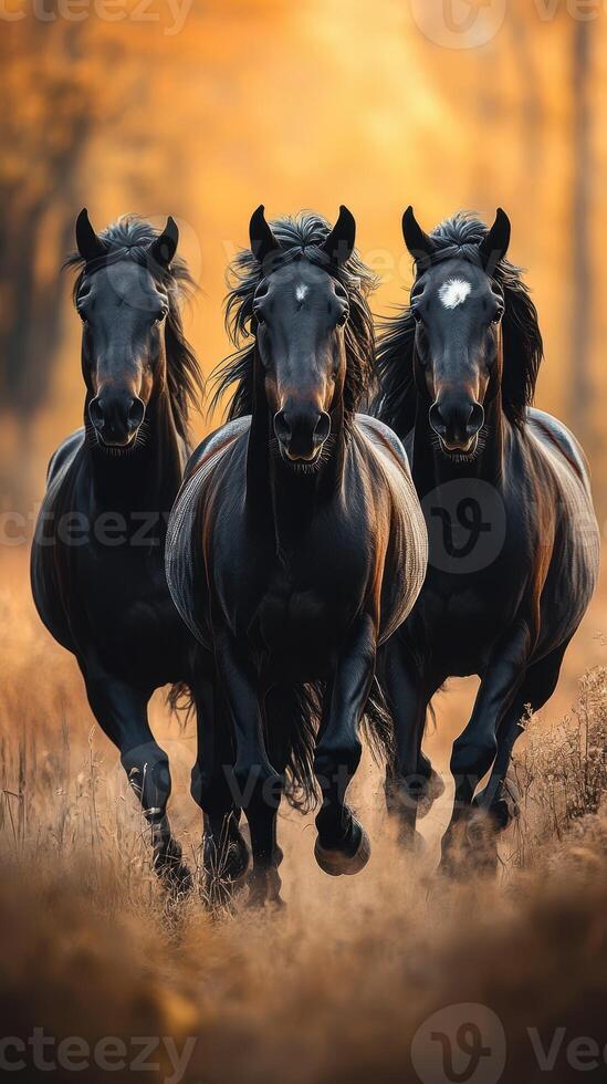 Majestic black horses gallop through a sunlit forest at dusk, embracing the beauty of nature and freedom photo