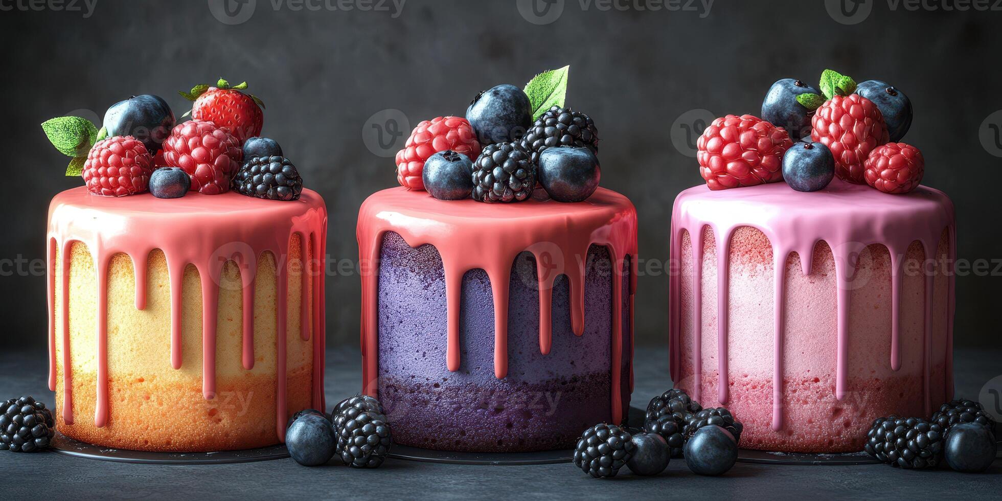 Colorful berry cakes with vibrant frosting on display at a dessert shop during a sunny afternoon photo
