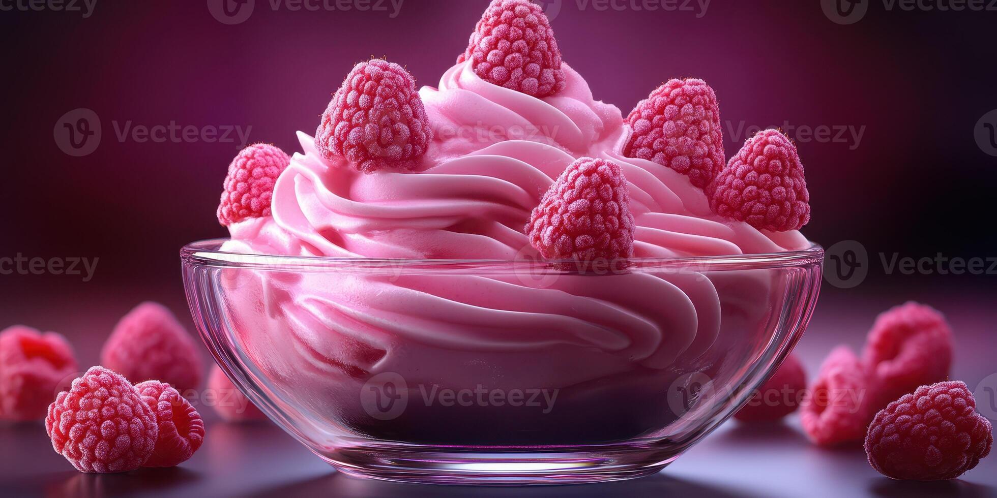 Creamy raspberry dessert in a glass bowl garnished with fresh raspberries set against a vibrant background photo