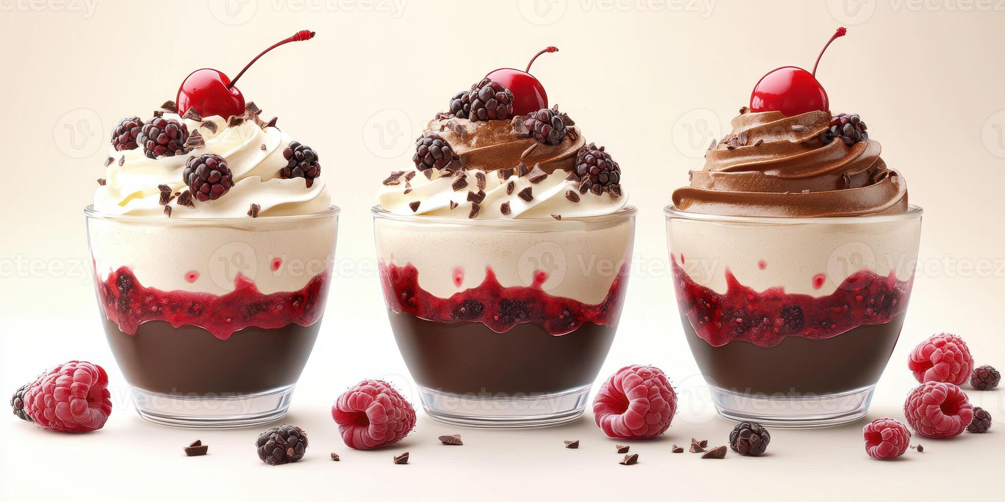 Delicious dessert cups filled with layers of chocolate, cream, and berries served in a visually appealing arrangement photo