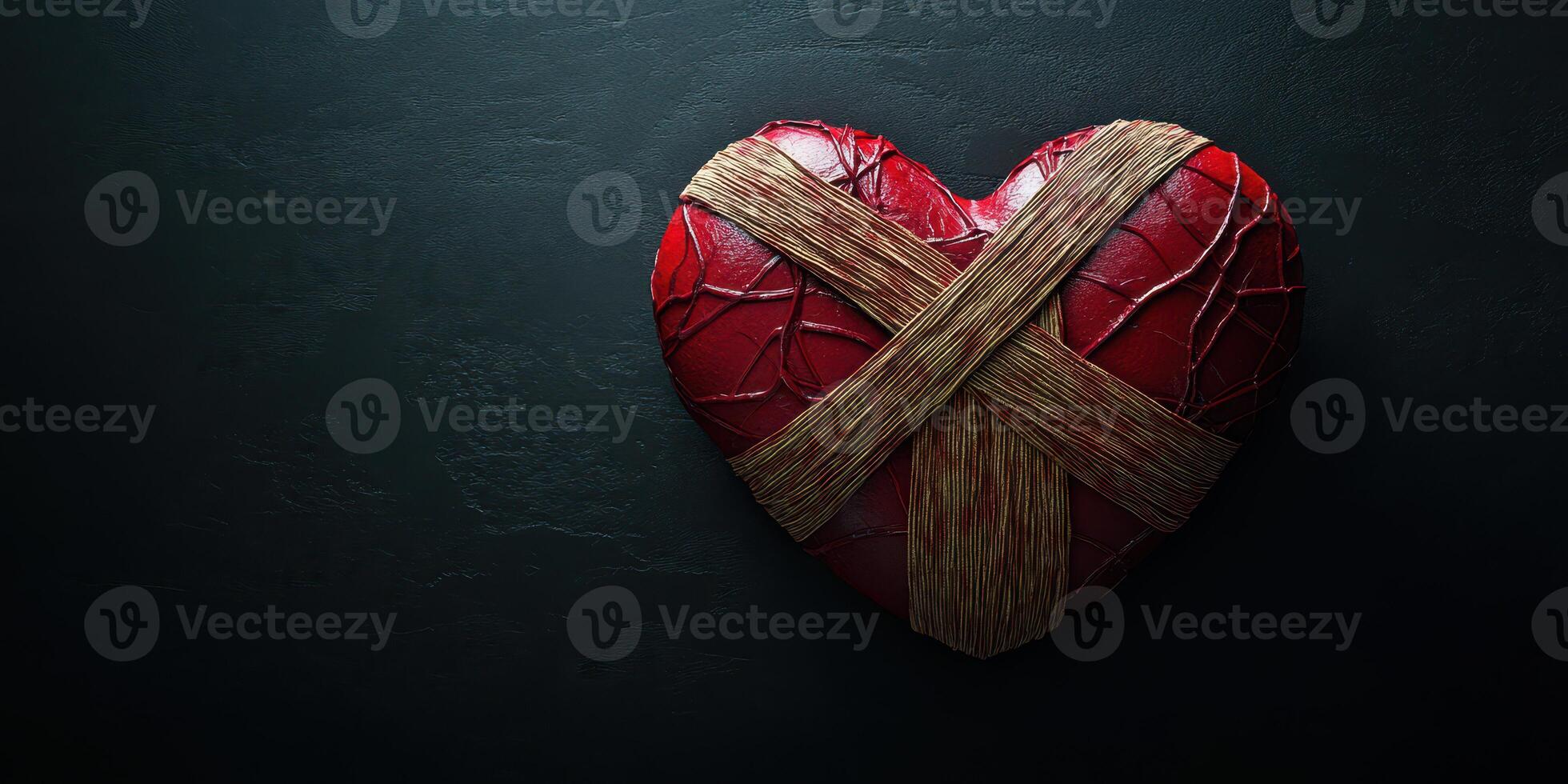 Heart made of red material with natural fibers wrapped around it on a dark background photo