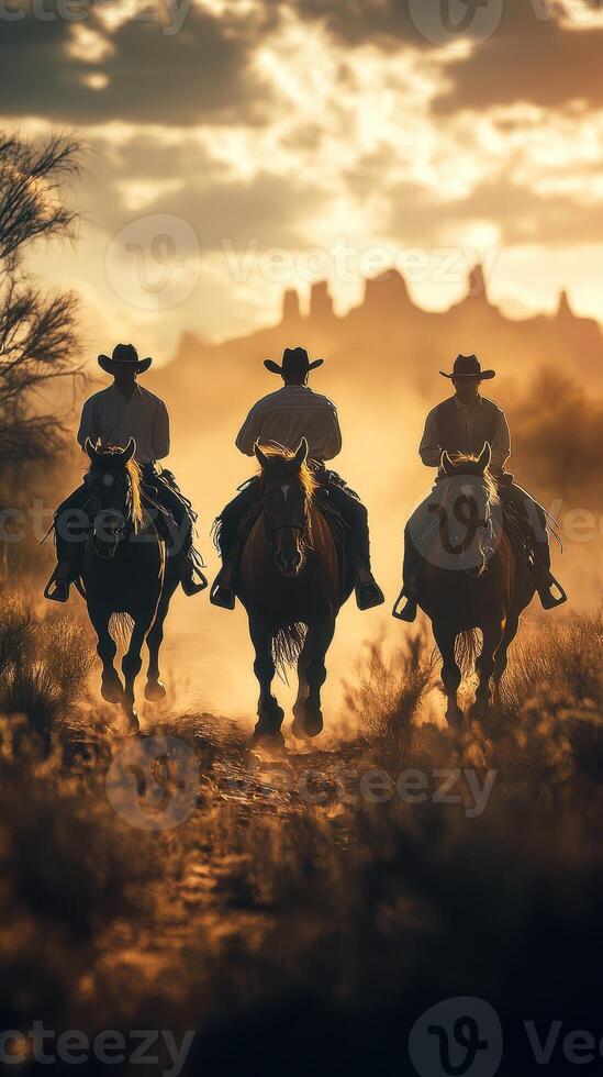 Cowboys ride horses through dusty terrain during sunset in a dramatic western landscape photo