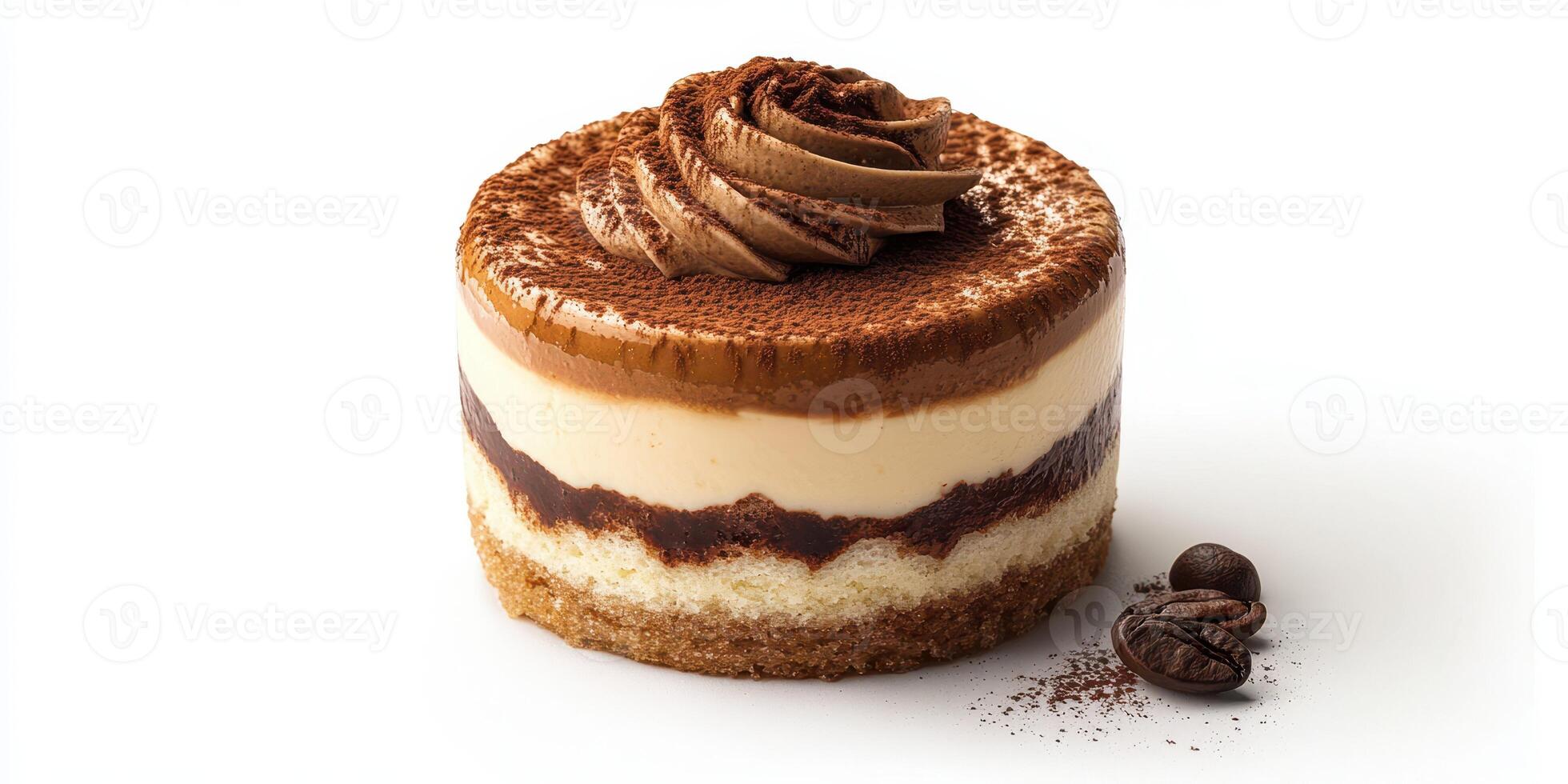 Delicious chocolate and coffee layered cake garnished with creamy frosting and cocoa powder on a white background photo