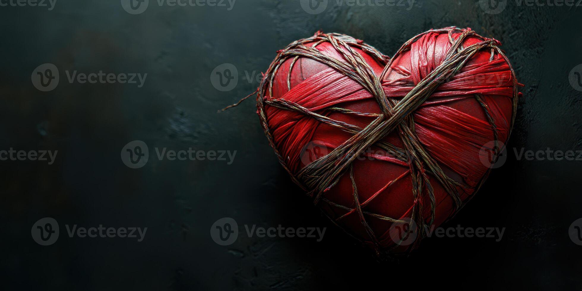 Heart wrapped in twine displayed on a dark background, symbolizing love and connection photo
