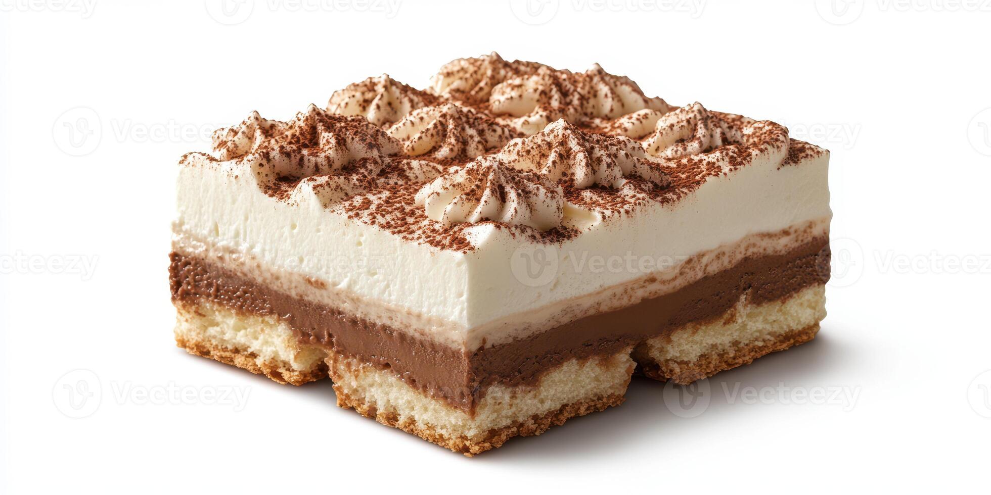 Delicious layered dessert served on a white plate featuring chocolate and cream with a sprinkle of cocoa powder photo