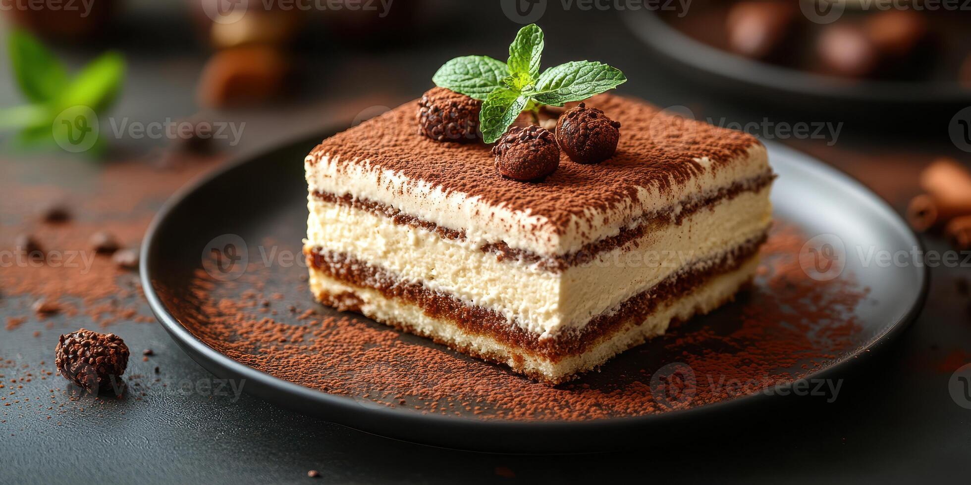 Delicious homemade dessert served on a black plate with chocolate dust and mint garnish in a cozy cafe setting photo