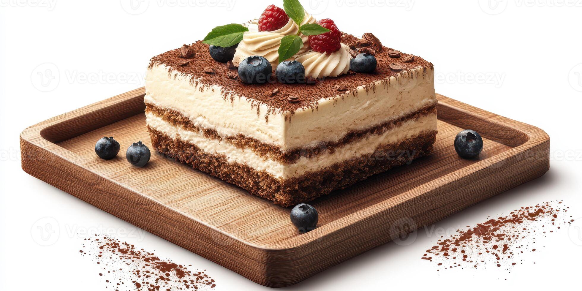 Delicious dessert display featuring layers of cake, cream, and fresh berries on a wooden plate in a bright kitchen photo