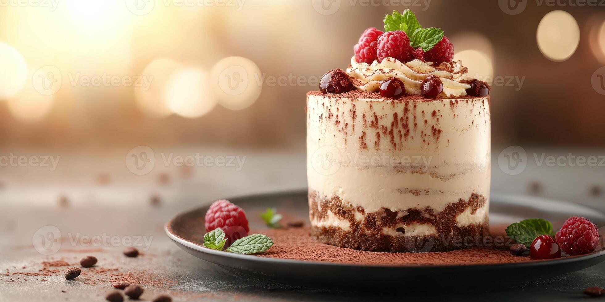 Delicious layered dessert with chocolate, raspberries, and mint on a dark plate in a warm setting photo