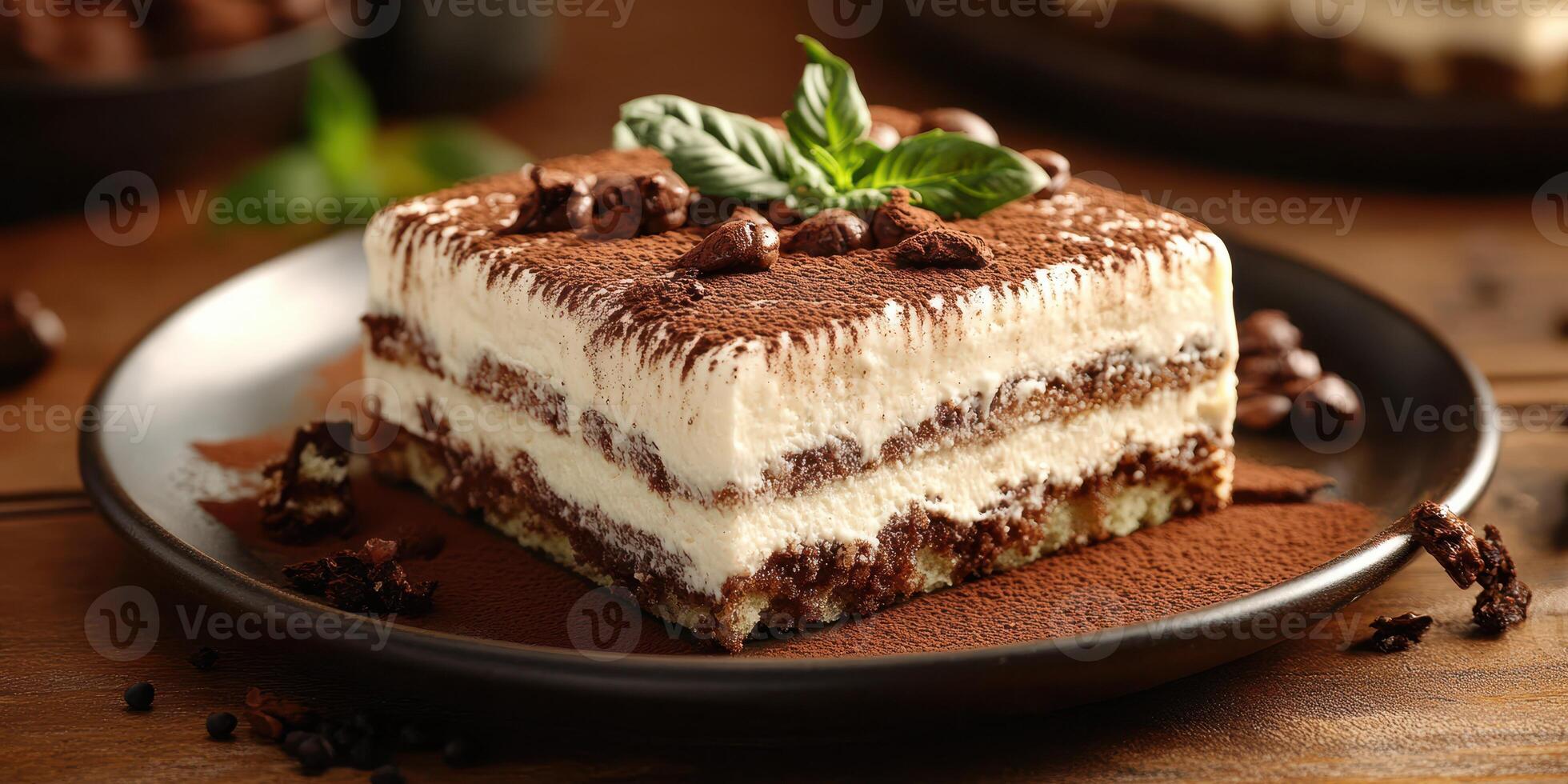 Decadent dessert served on a black plate with coffee beans and mint leaves at a rustic wooden table photo