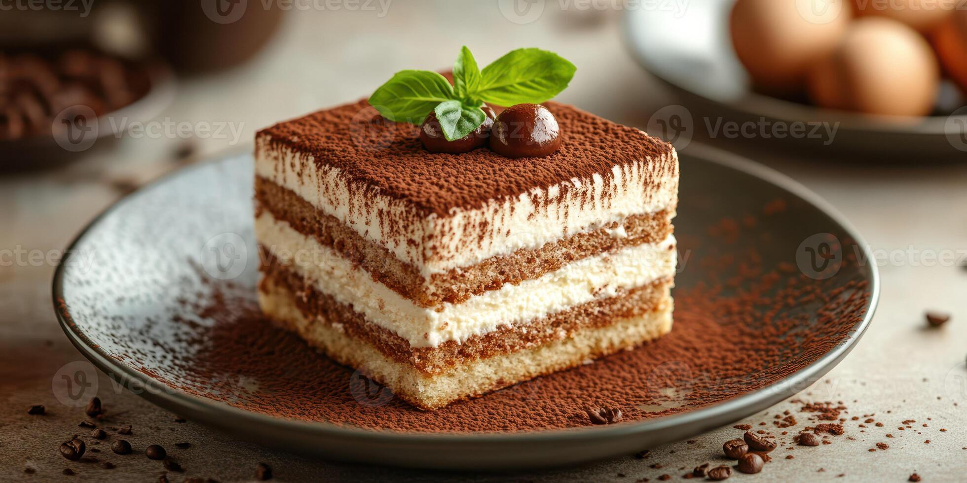 Delicious tiramisu dessert served on a dark plate with coffee beans and eggs in soft focus background photo