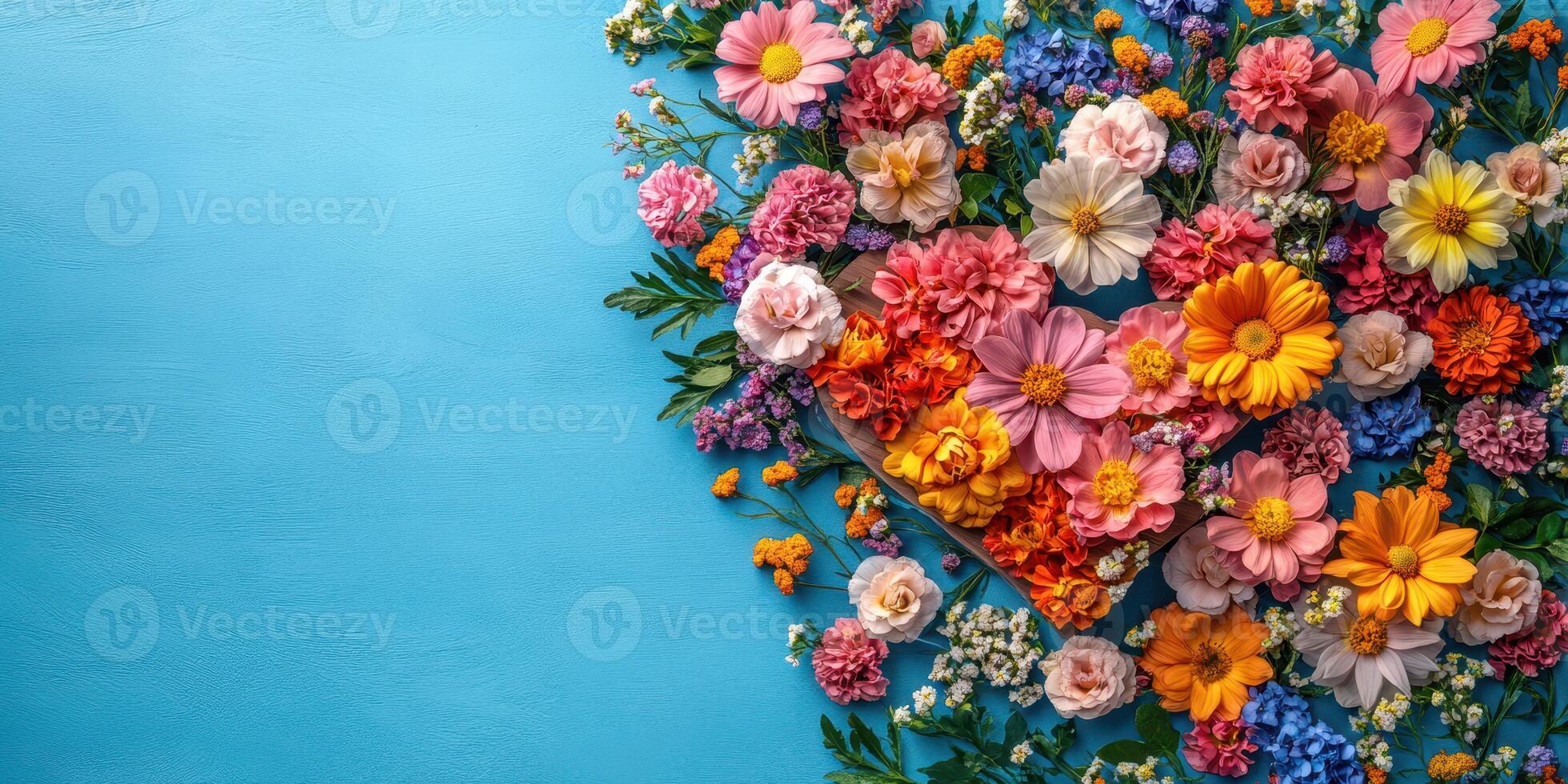 Colorful spring flowers arranged in a heart shape on a blue backdrop for decoration and celebration photo