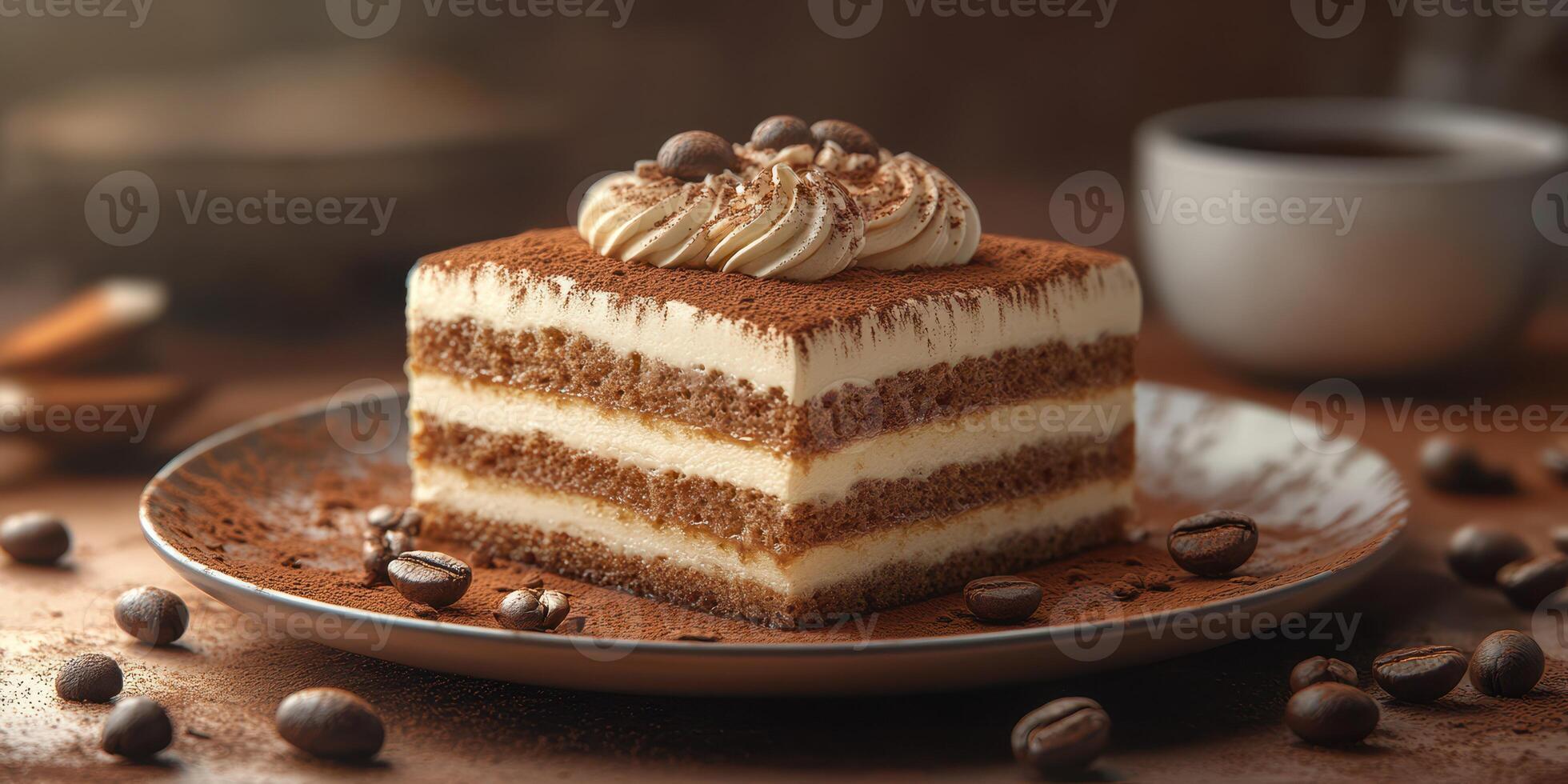 Delicious layered dessert with coffee flavor, whipped cream, and chocolate on a rustic wooden table photo