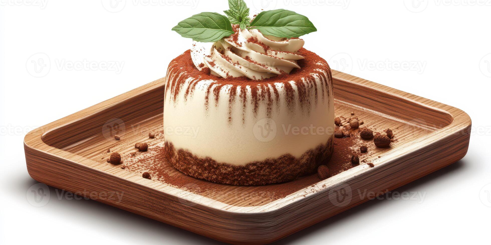Dessert on wooden tray showcases creamy texture and elegant presentation with mint leaves and cocoa sprinkles photo