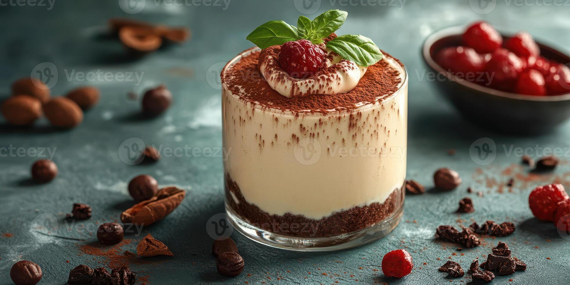 Delicious dessert featuring layers of creamy mascarpone, cocoa, and fresh raspberries on a rustic table setting photo