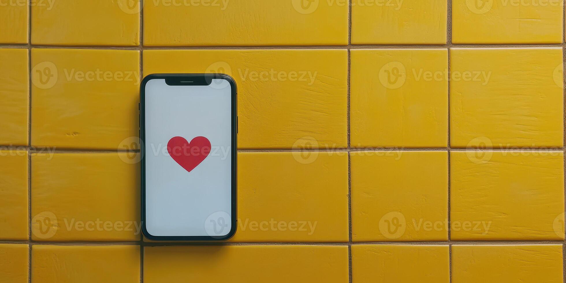 Mobile device displays a heart symbol on a bright yellow tiled background in a modern setting photo