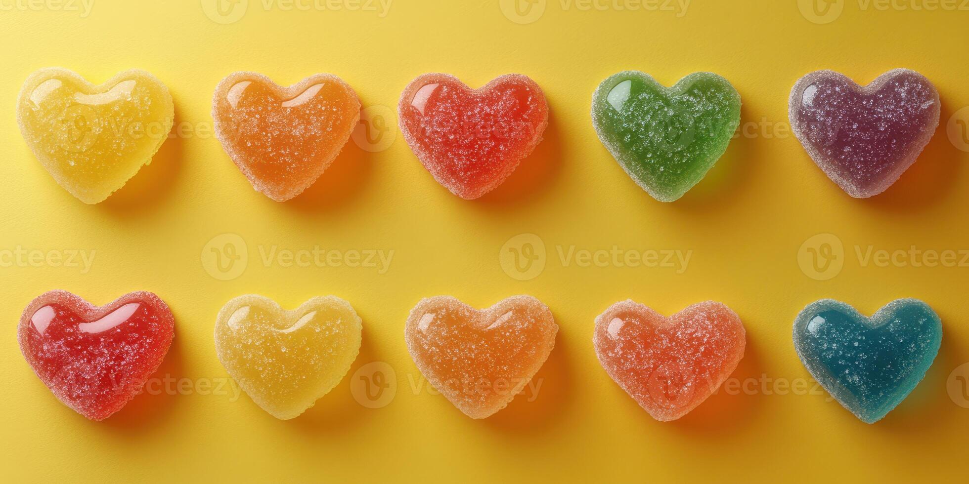 Colorful heart-shaped gummies arranged in a line on a vibrant yellow background giving a cheerful aesthetic photo
