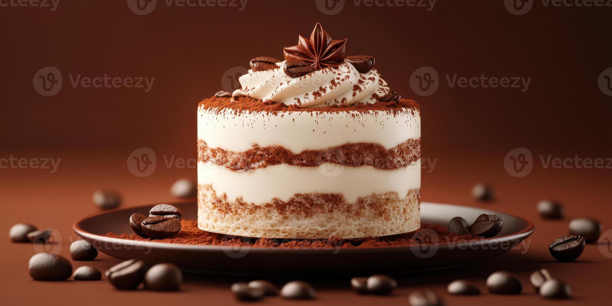 Delicious coffee-flavored layered cake topped with whipped cream and chocolate decoration on a dark plate photo