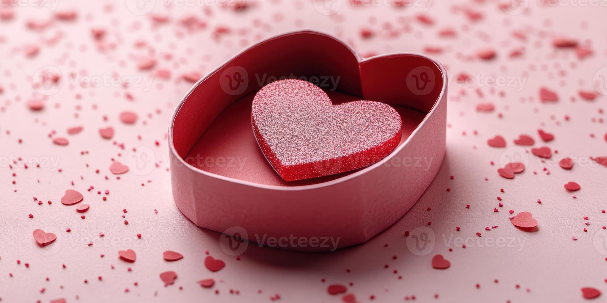 Heart-shaped box with glittering red heart surrounded by tiny pink hearts on a soft pastel background photo