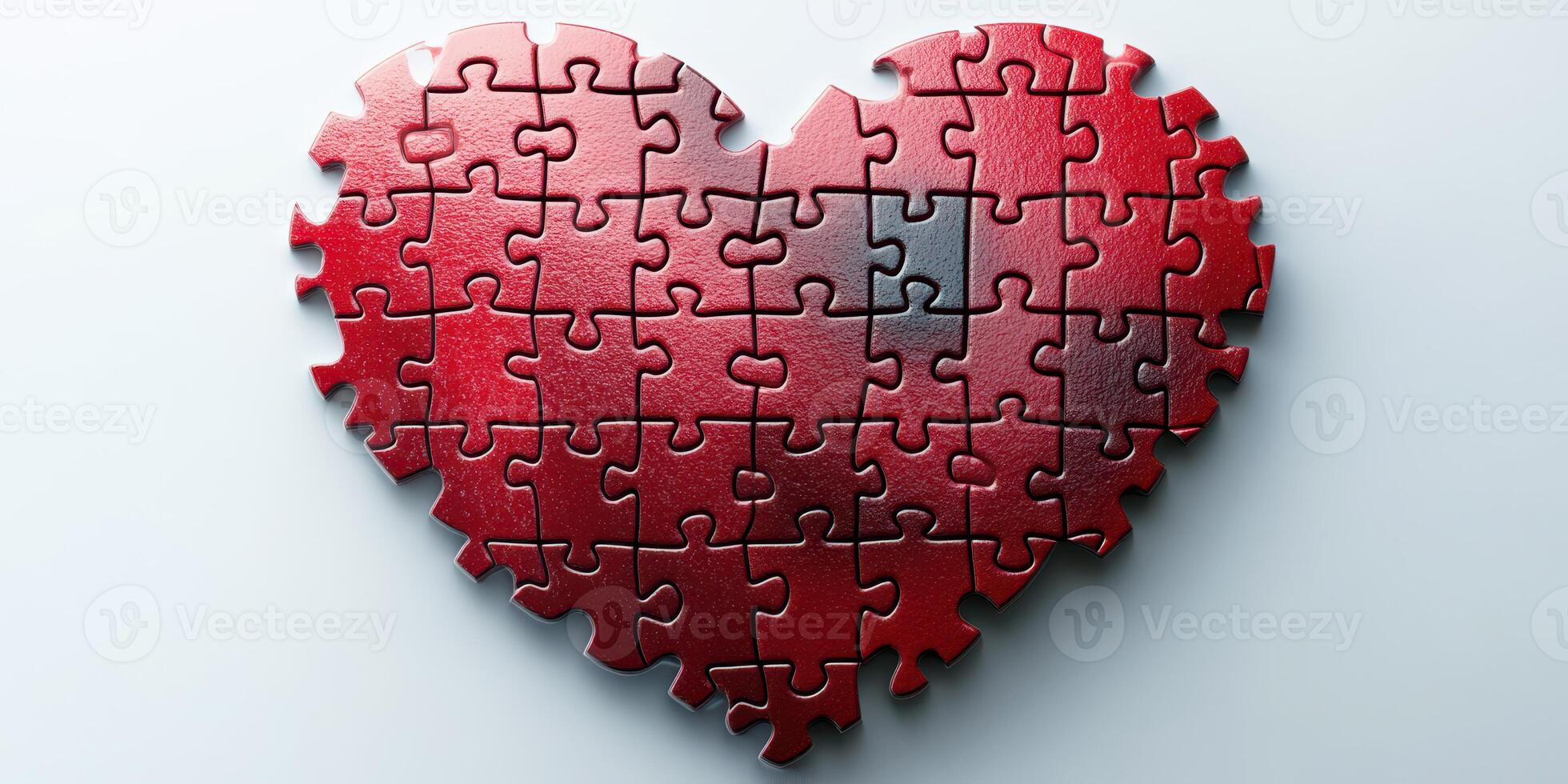 Heart-shaped puzzle pieces in shades of red on a light background illustrating love and connection photo