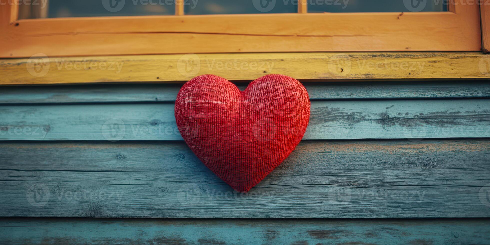 Red heart decoration on a rustic blue wooden wall near a yellow window in a cozy setting photo
