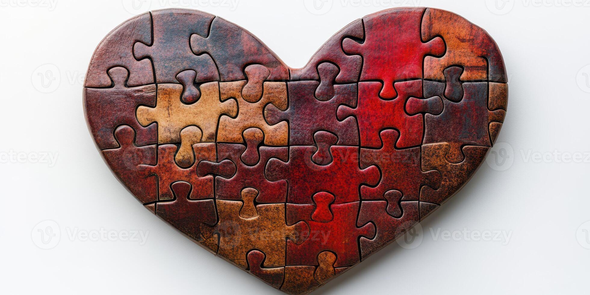 Colorful heart-shaped puzzle pieces arranged creatively on a white background, symbolizing love and connection through collaborative play photo