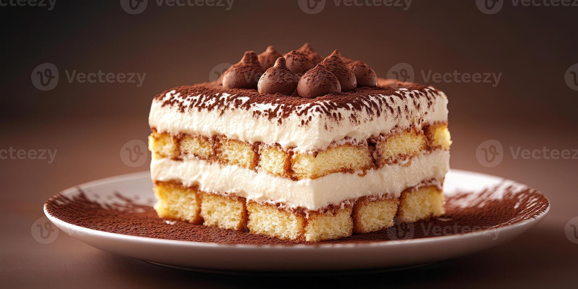 Layered dessert featuring cream and cocoa atop soft sponge cake displayed on a white plate in a dimly lit setting photo