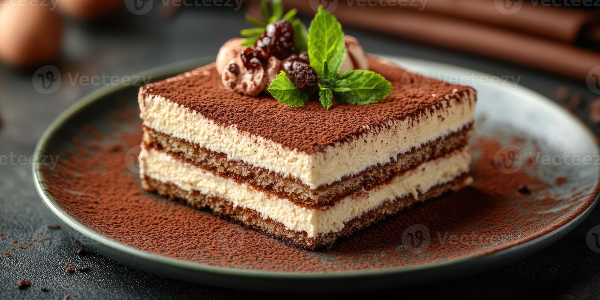 Delicious dessert on a plate with chocolate layers and mint garnish served in an elegant setting photo