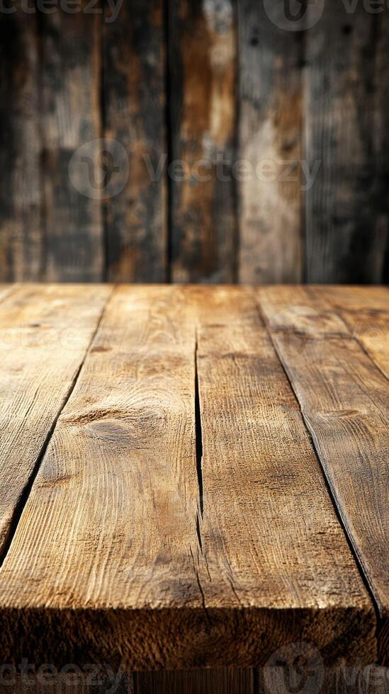 Rustic wooden table surface with visible grain patterns and warm tones in a cozy setting photo