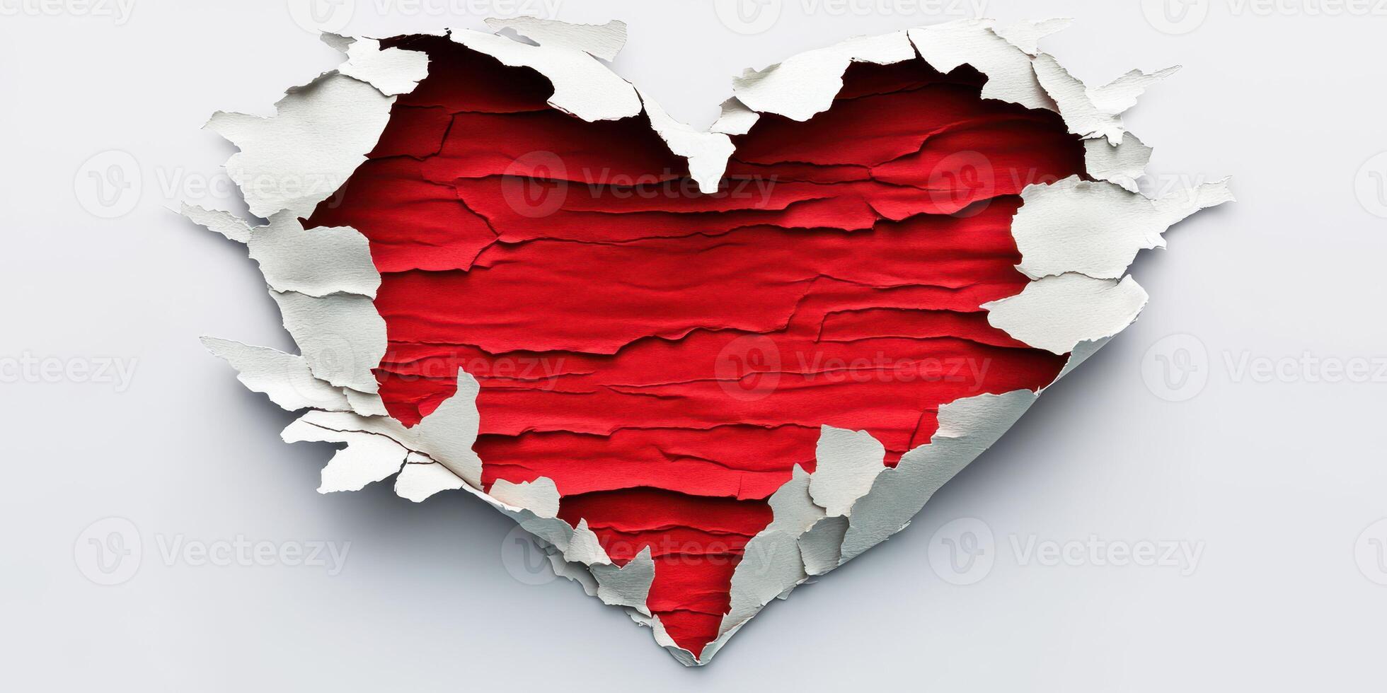 Torn paper reveals a red heart symbolizing love and emotion against a neutral background photo
