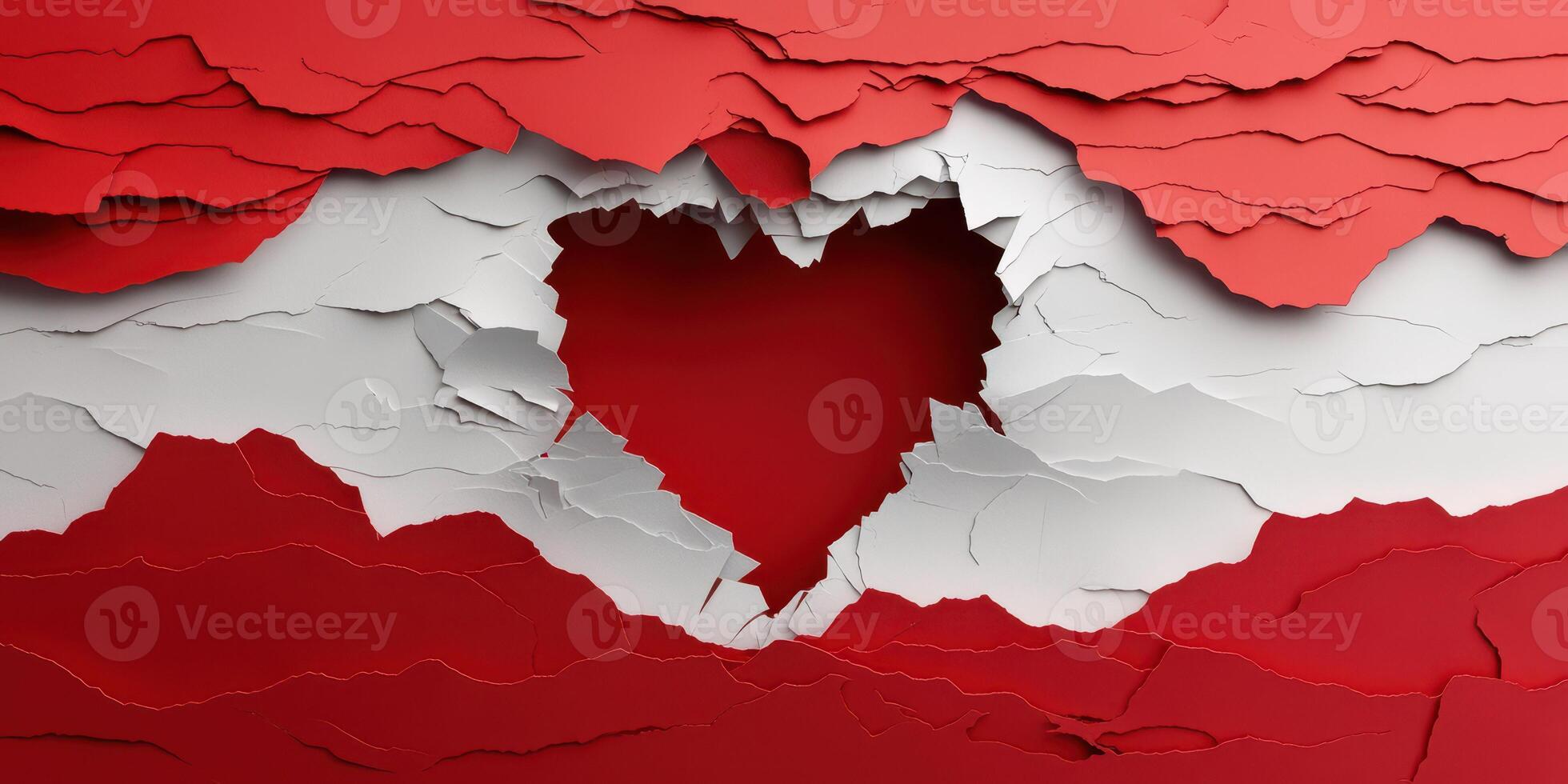 Torn paper heart reveals love behind a vibrant red and white background in an artistic display of emotion and creativity photo