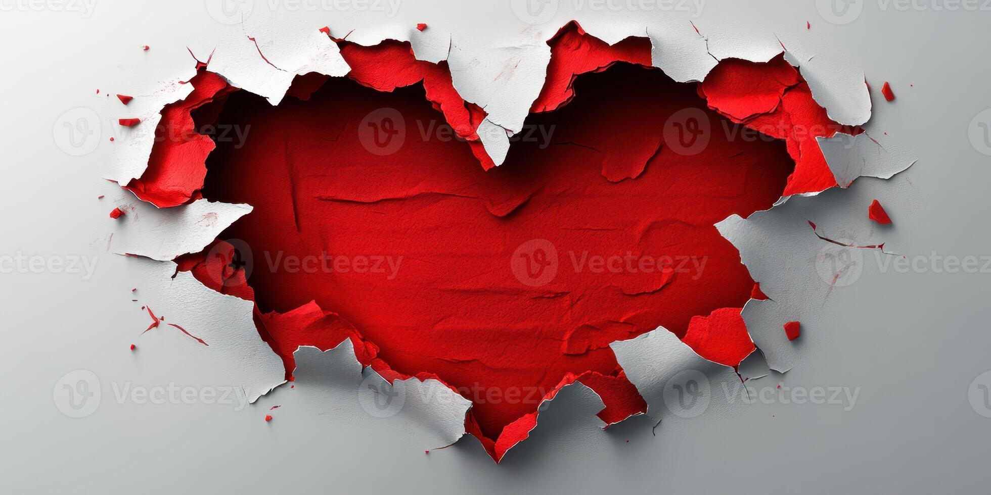 Heart shape revealed through torn wall showcasing vibrant red color and texture in an artistic representation of love photo