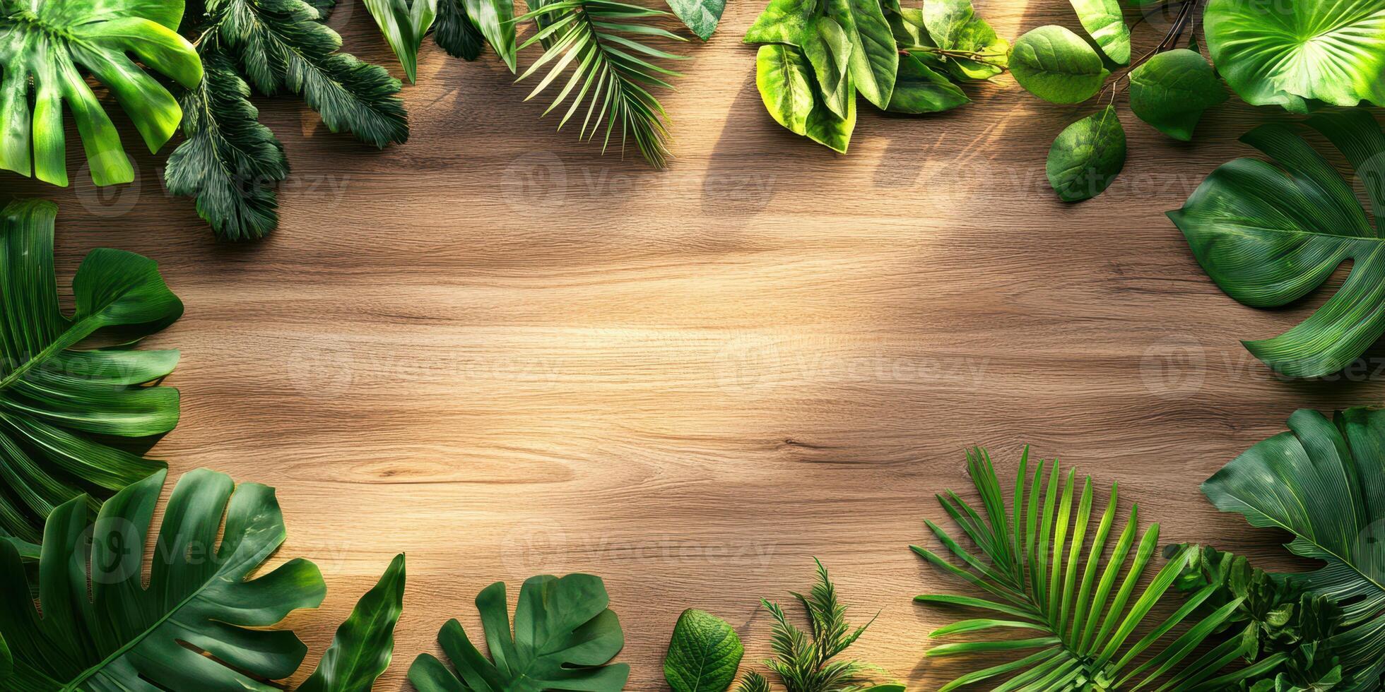 Lush green leaves arranged around a wooden surface showcasing the beauty of nature in a serene setting photo