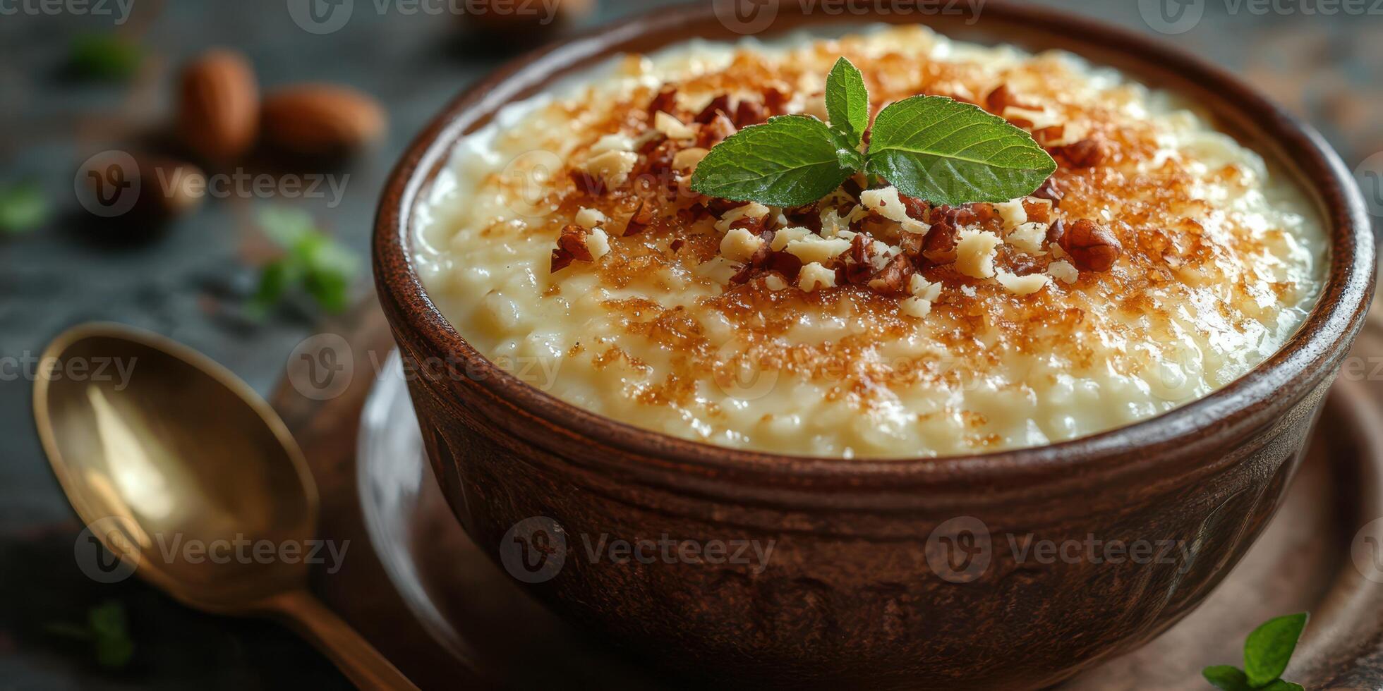 Delicious bowl of creamy rice pudding garnished with nuts and mint on a rustic wooden table photo