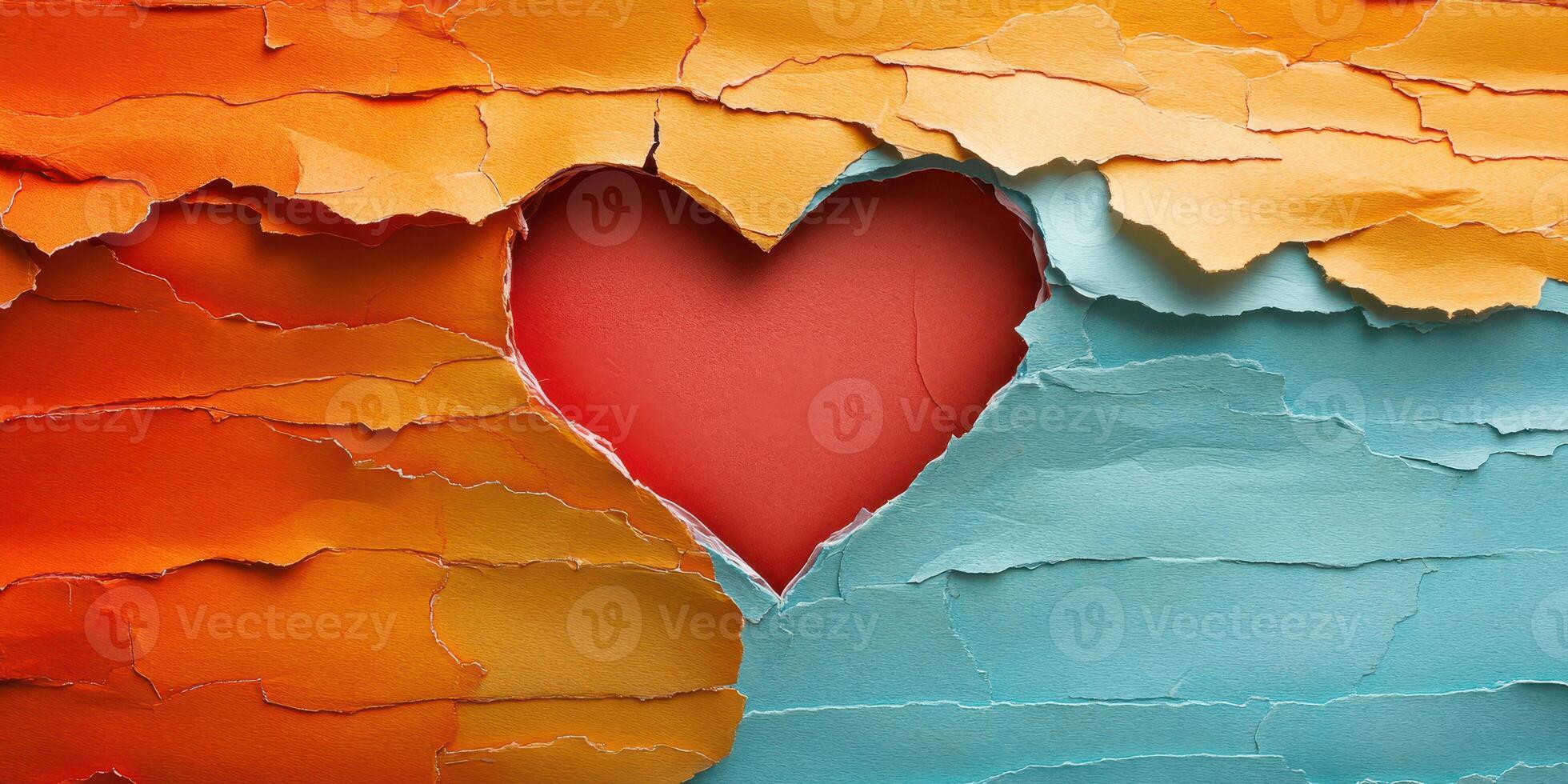 Colorful torn paper art depicting a heart shape with vibrant orange and blue hues in a creative arrangement photo