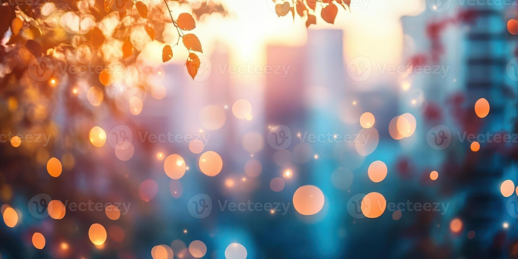 Bokeh lights and sunset hues create a tranquil urban atmosphere in the city skyline photo
