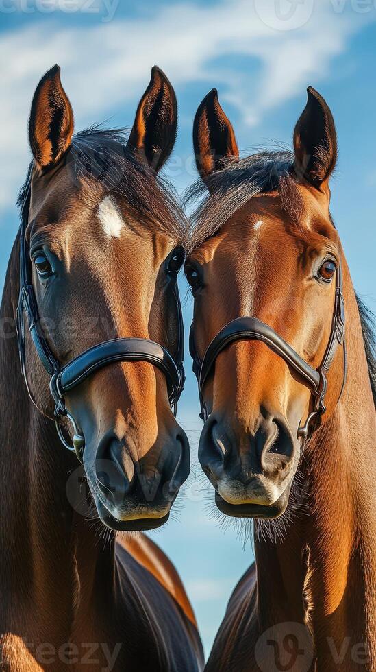 Two horses standing close together against a bright blue sky during the afternoon sunshine photo