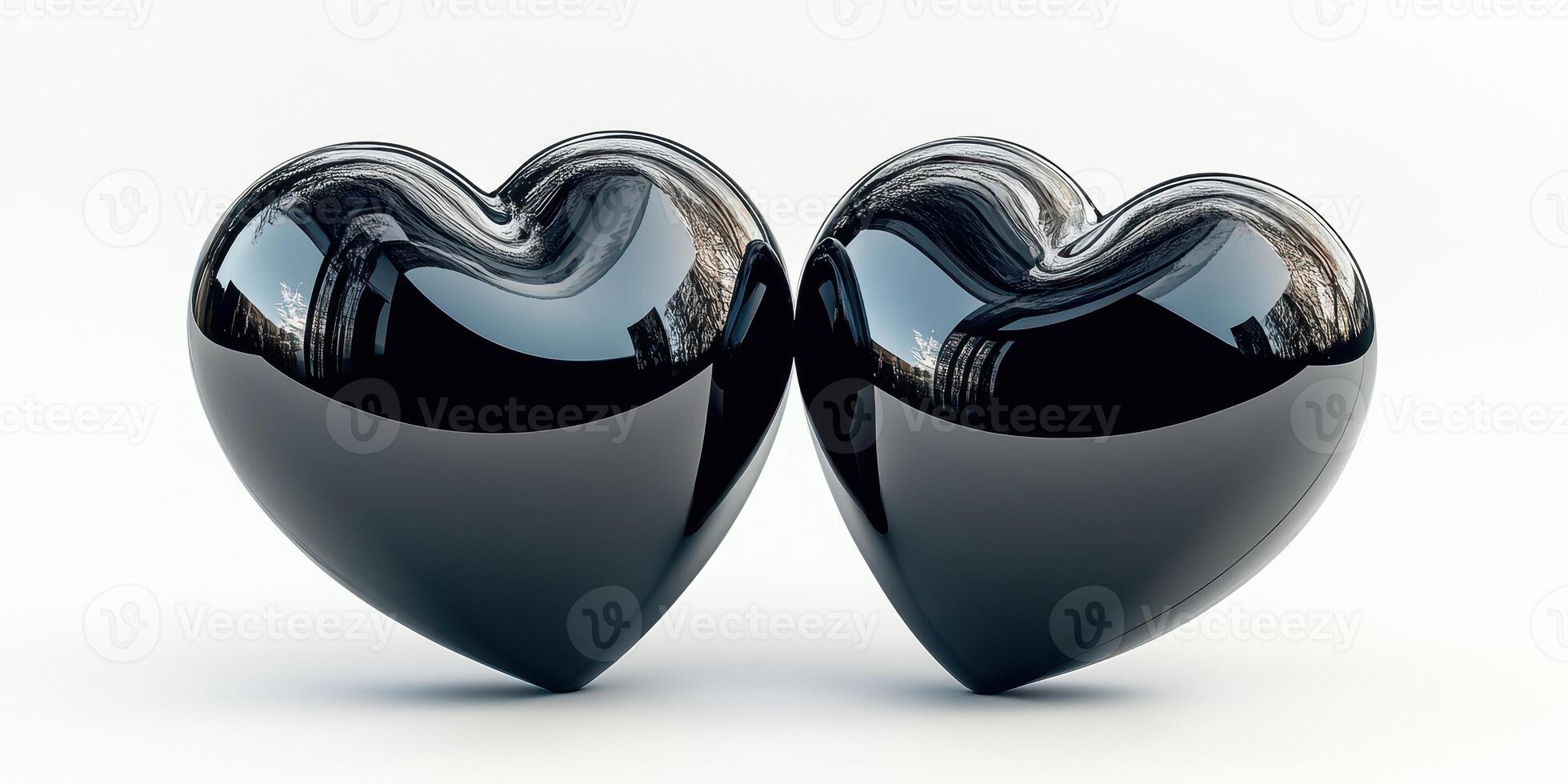 Two glossy black heart shapes placed close together on a light background symbolize love and connection photo
