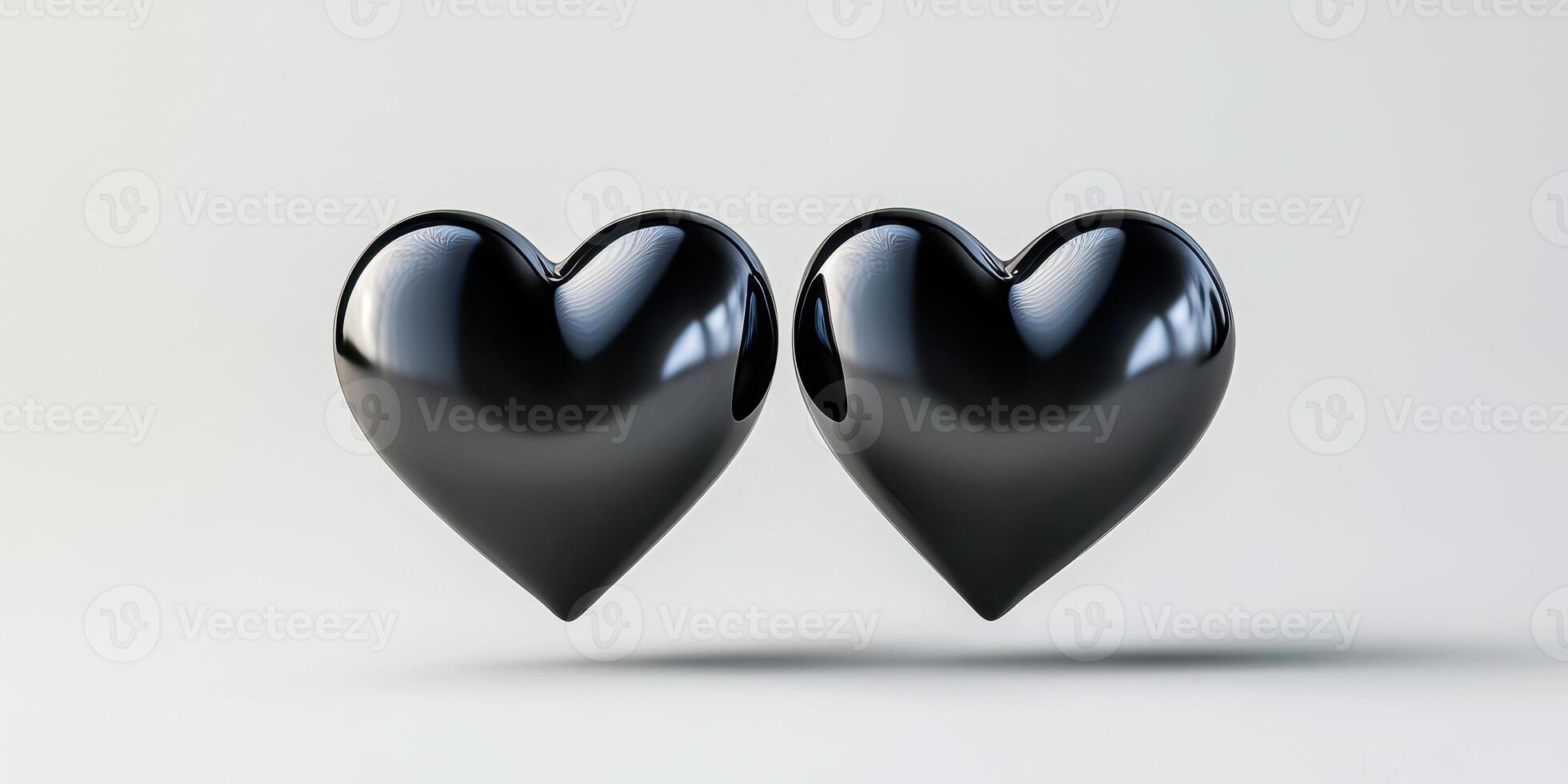 Two glossy black heart shapes sitting side by side on a light background symbolizing love and connection photo