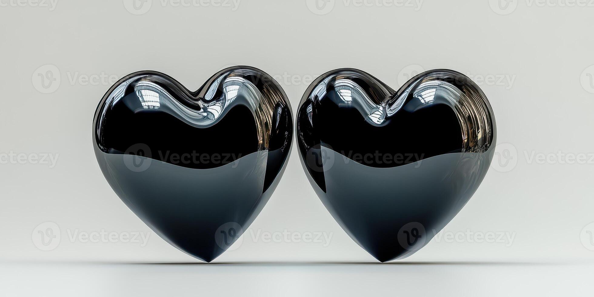 Black heart sculptures reflecting light in a minimalist setting with soft shadows creating an intimate ambiance photo