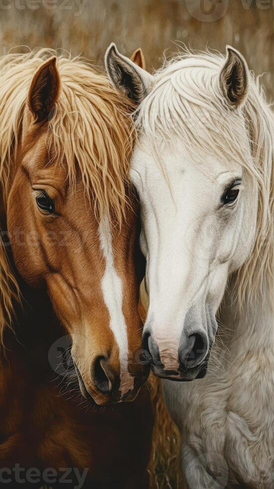 Two horses with contrasting coats together in a natural setting during golden hour photo