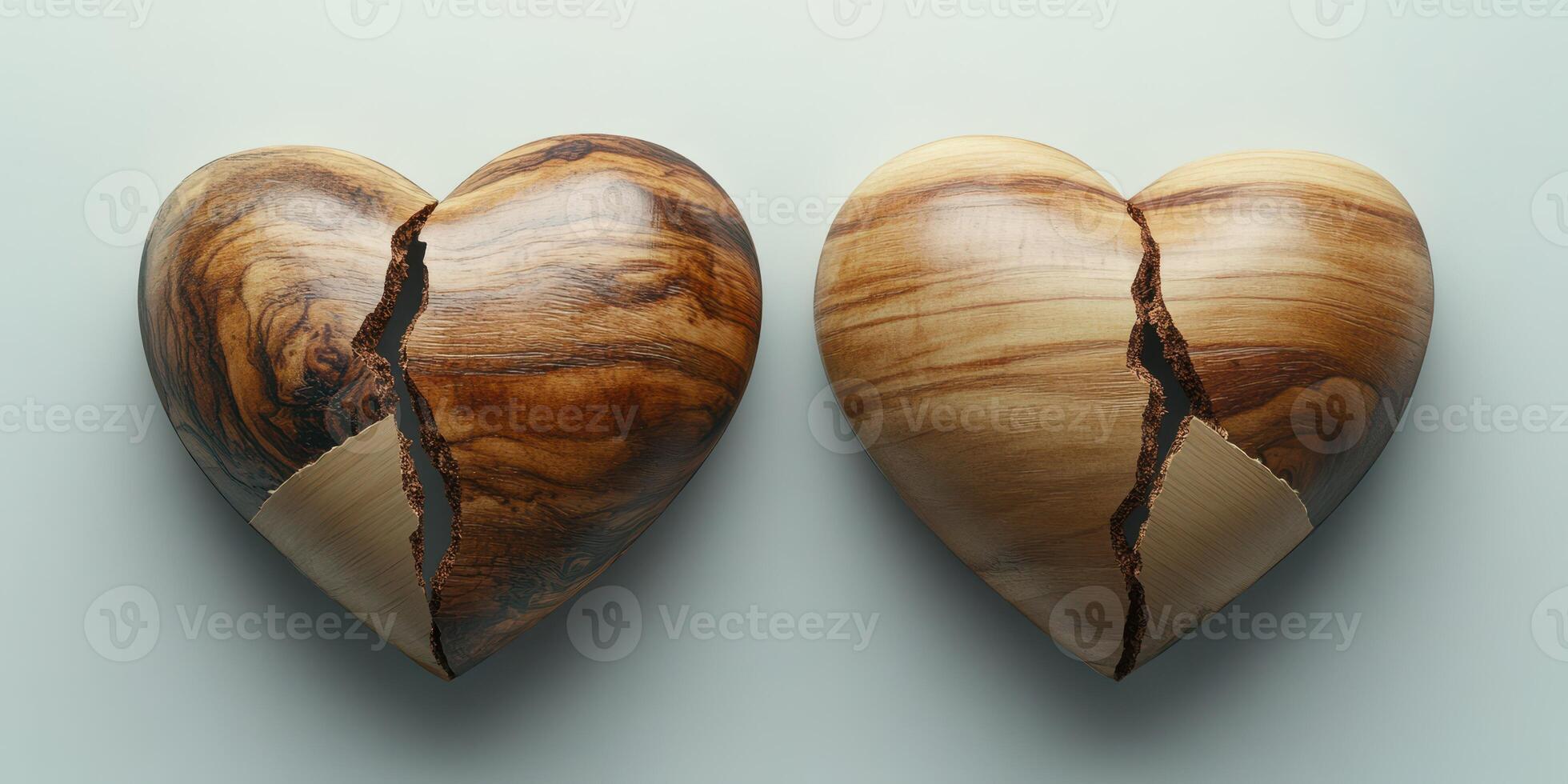 Two beautifully crafted wooden hearts symbolizing connection and separation on a calm background photo