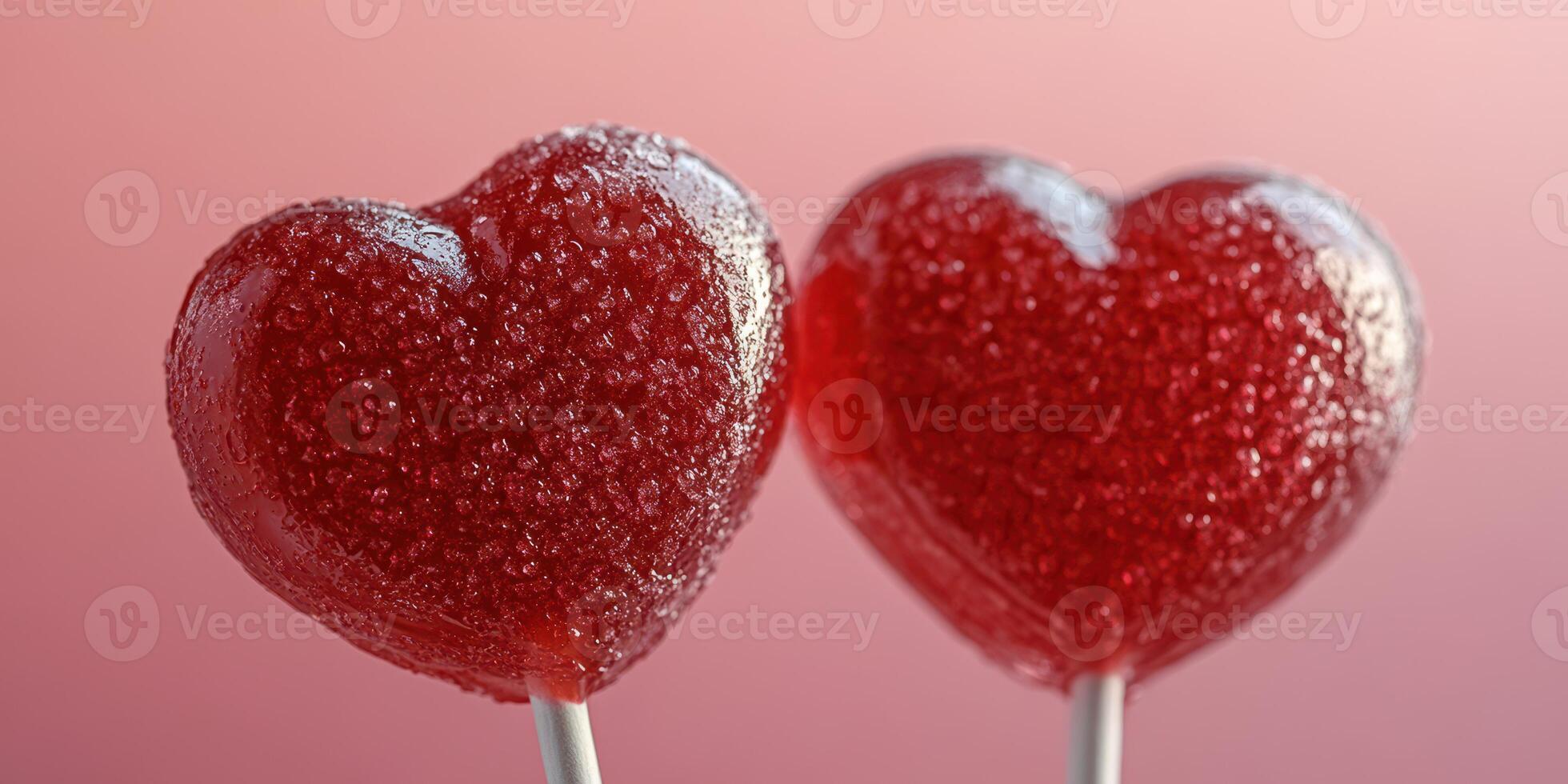 Colorful heart-shaped lollipops on sticks arranged against a soft pink background photo