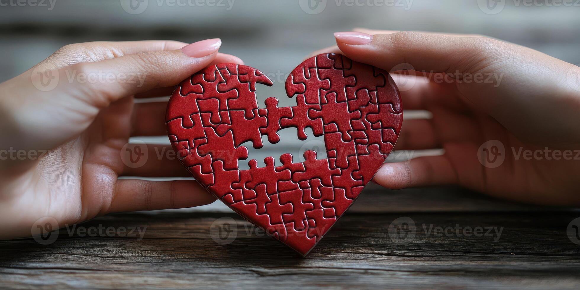People hold a red puzzle heart together on a wooden table showcasing love and connection photo