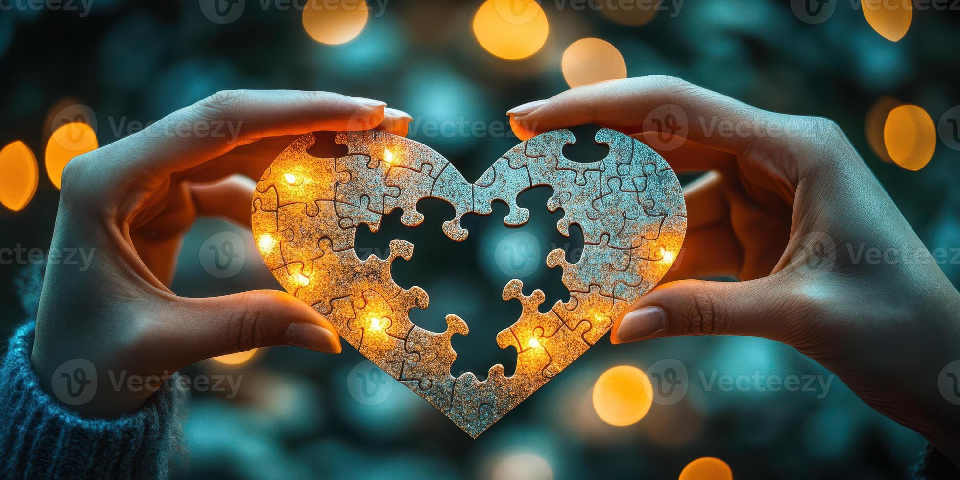 Creating a heart-shaped puzzle light display during a cozy evening gathering in a softly lit setting photo